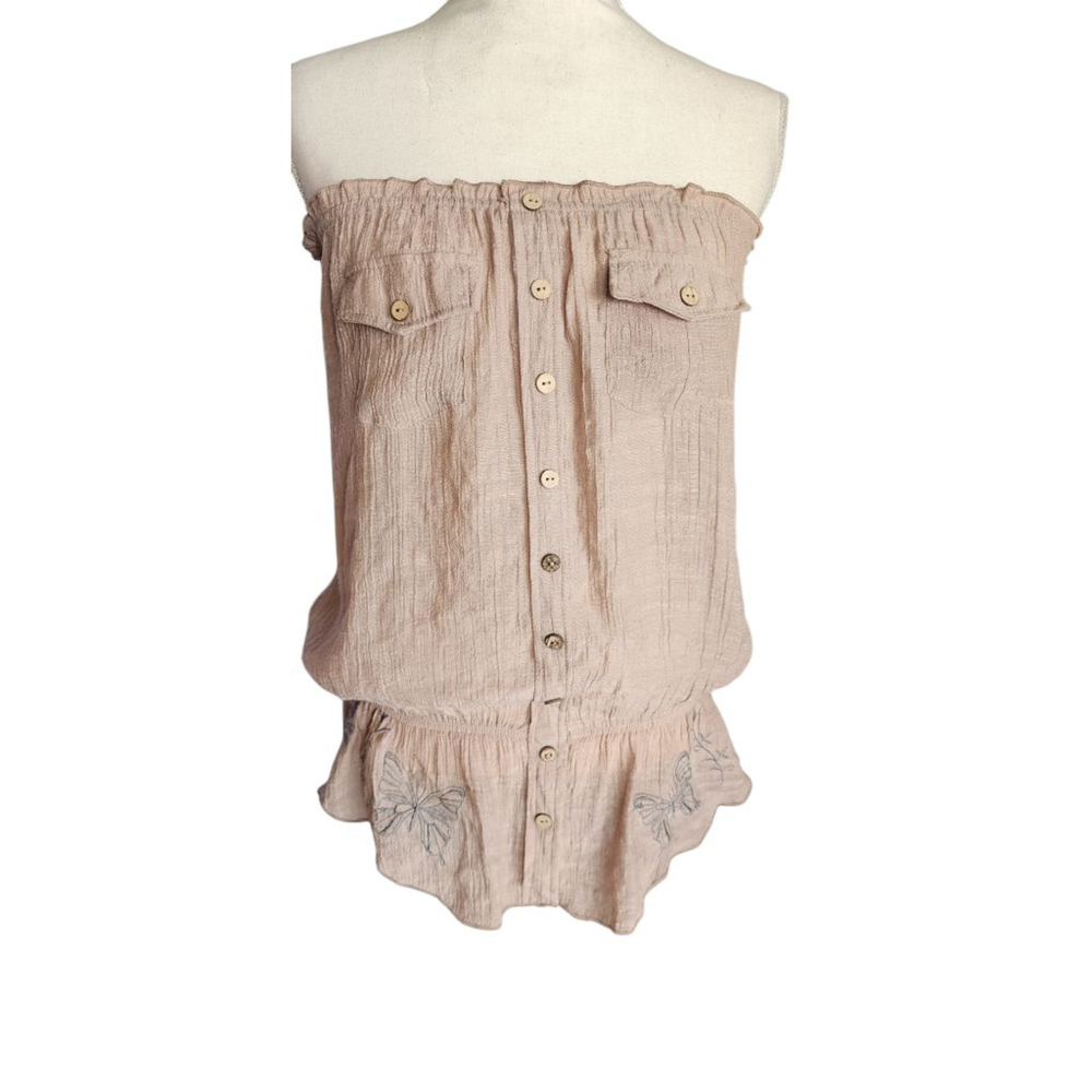 Mine Boho Gauze Strapless Tube Top Size L Button Front Embroidered Butterfly